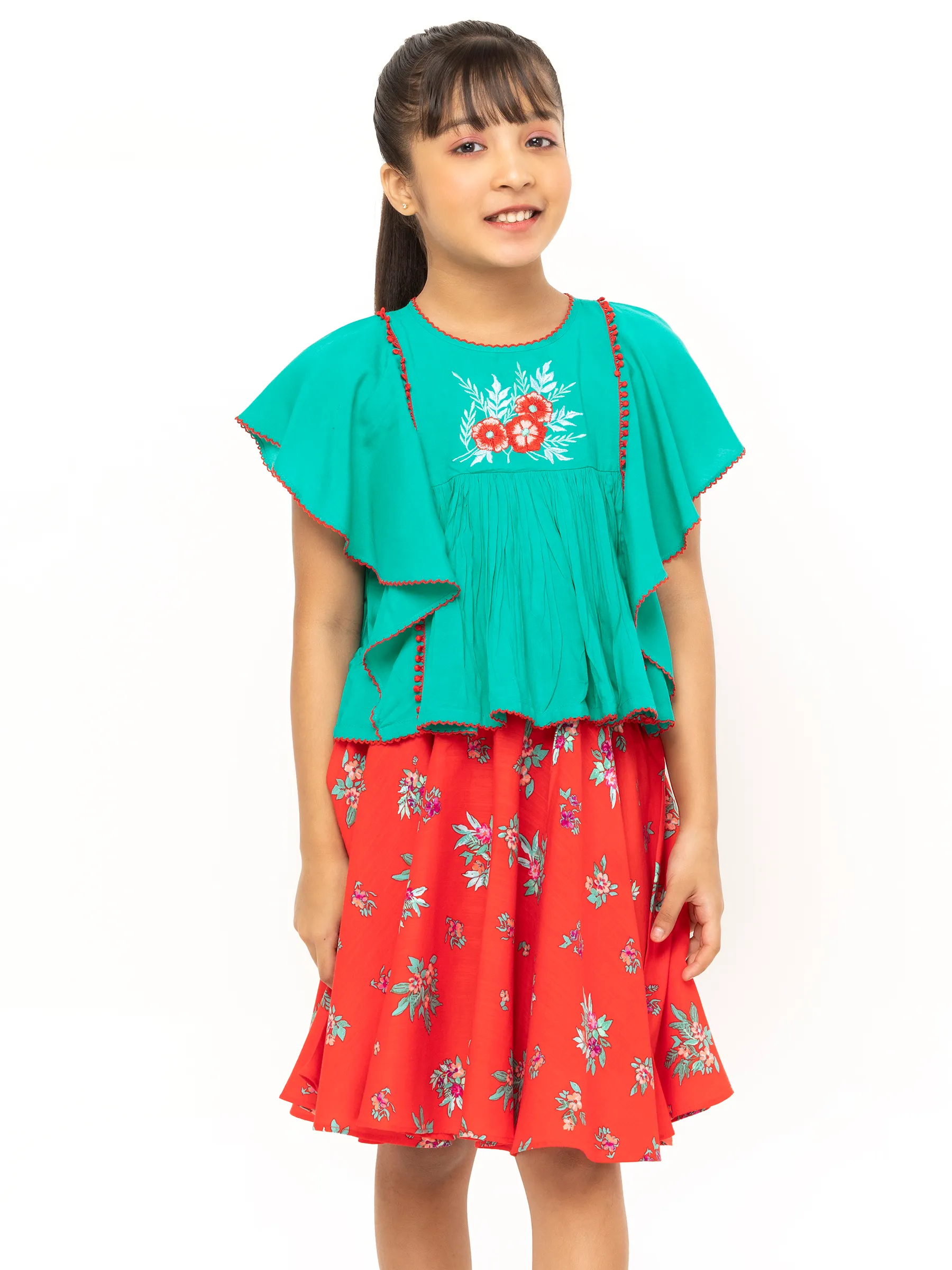 Green Embroidered Linen Skirt Top Set